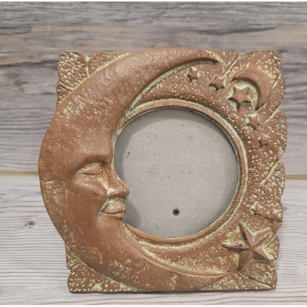 Vintage Metal Picture frame Celtic moon and stars 3x3in heavy Petina